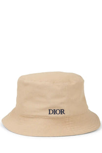 Beige dior men’s bucket hat with navy blue embroidered logo perfect for casual stylish wear