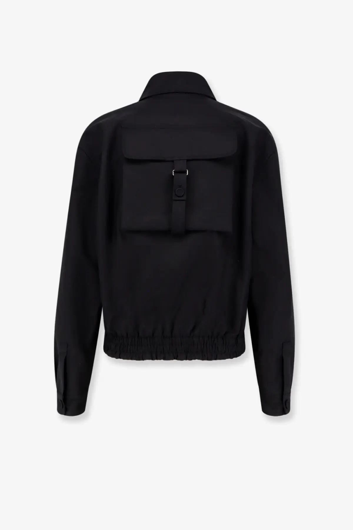 Black Dior men’s cotton blend satin utility jacket with central flap pocket secured by buckle