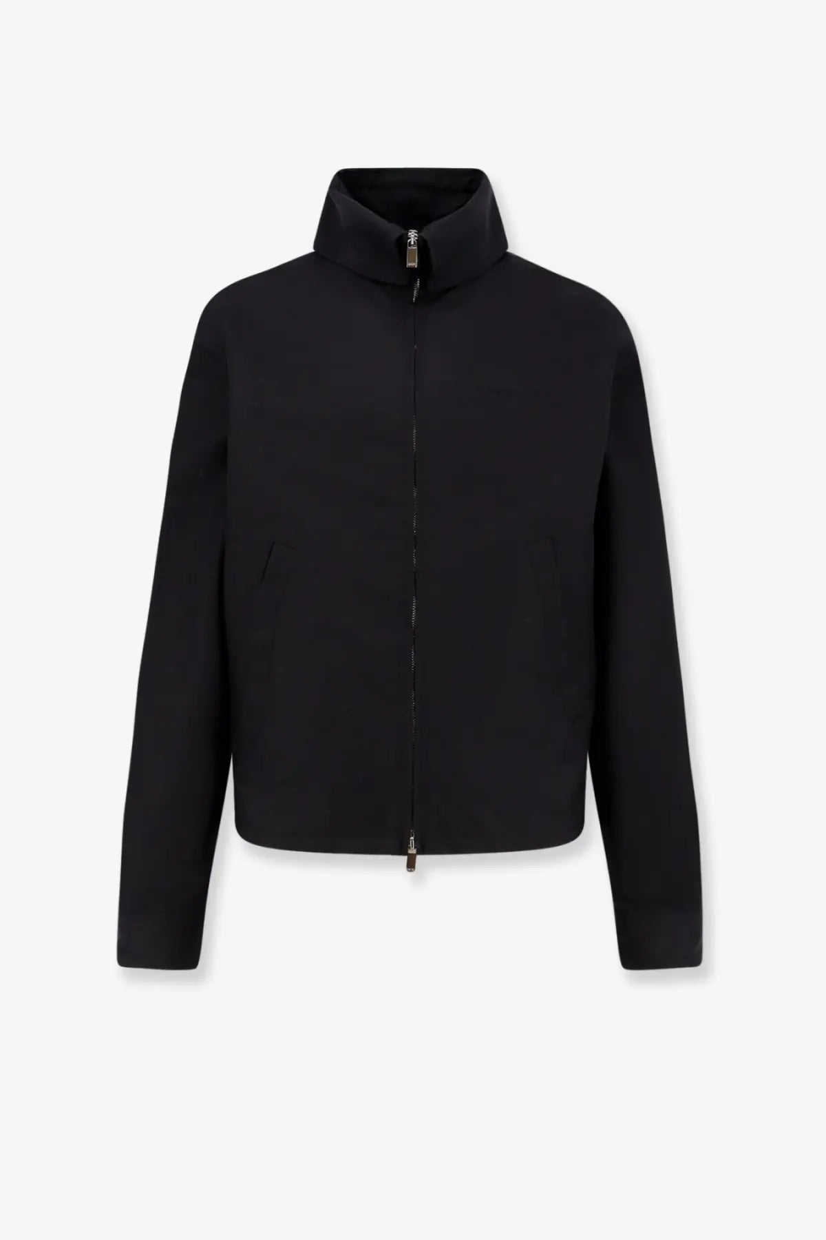 Black dior men’s zip-up jacket with high collar made of cotton blend satin featuring a sleek minimalist design