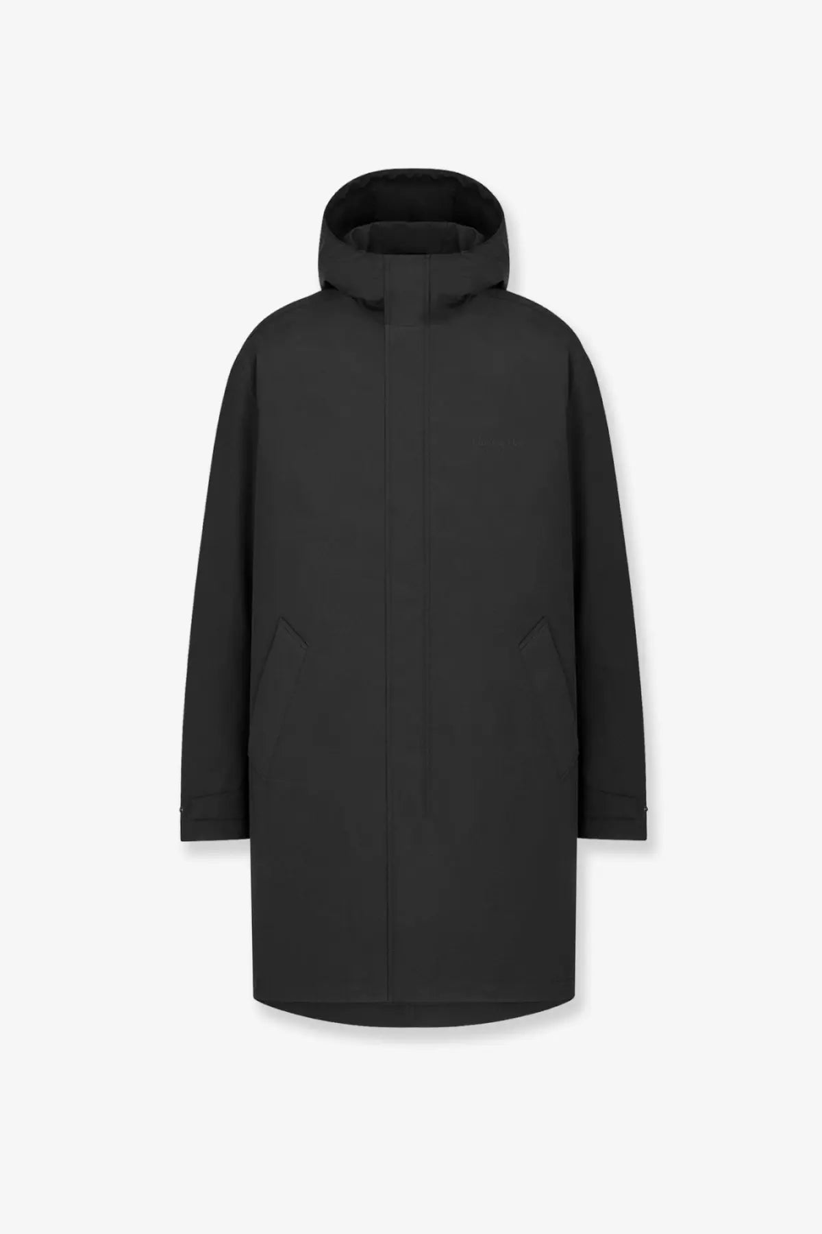 Black hooded Dior men’s couture technical fabric coat with sleek minimalist design and subtle vertical seam detailing