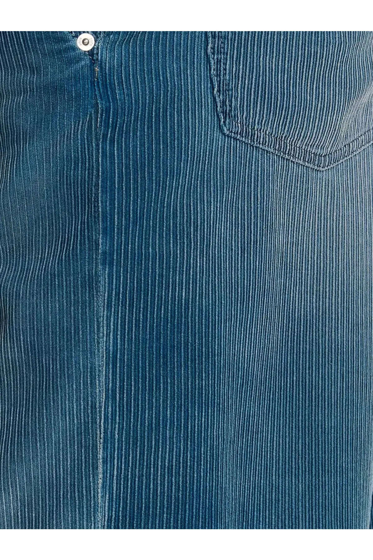 Blue corduroy shirt with subtle vertical ribbed texture and single white button at collar for dior men’s trousers look