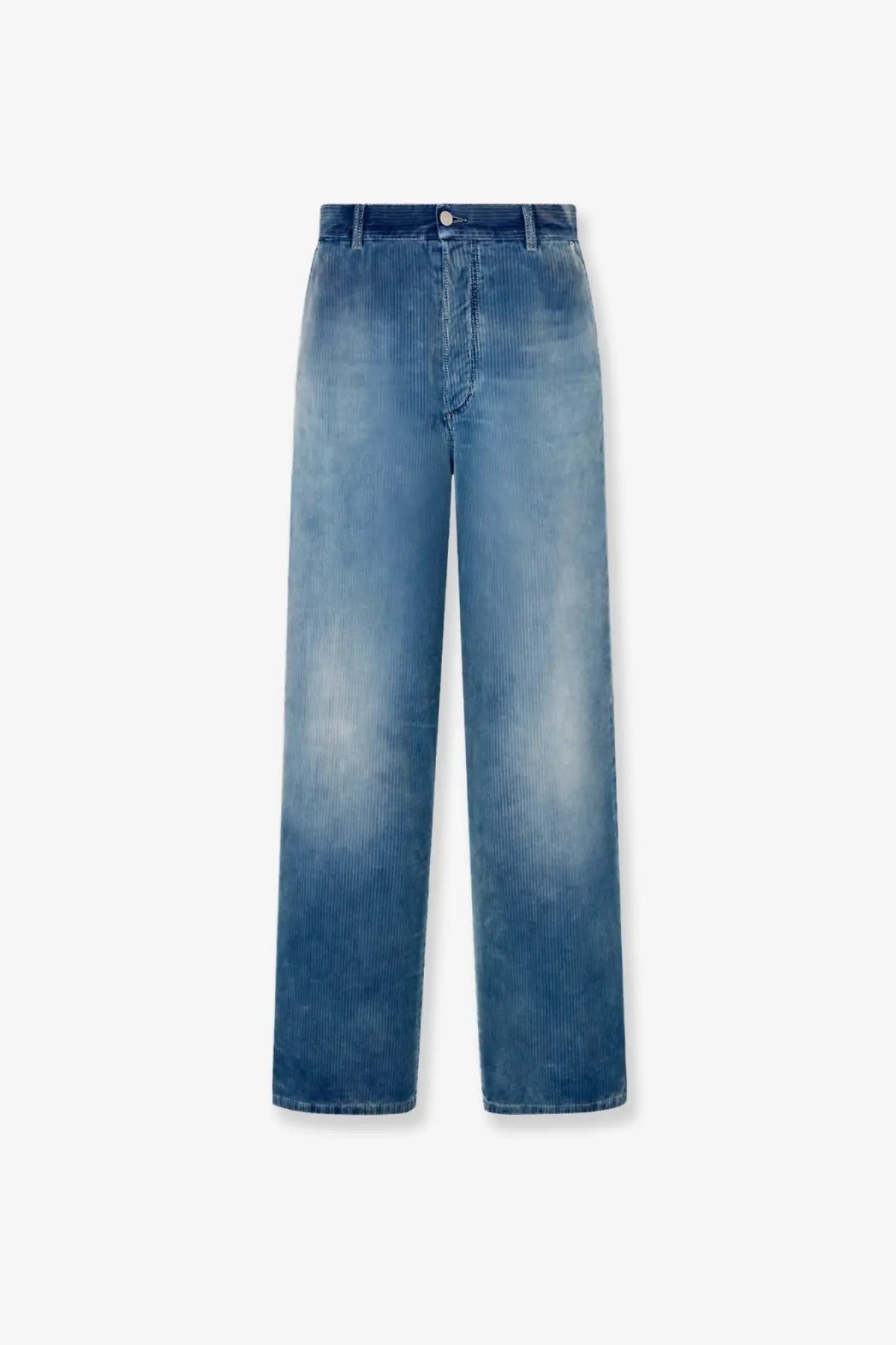 Dior men’s blue corduroy wide-leg trousers with faded wash and classic denim-style stitching