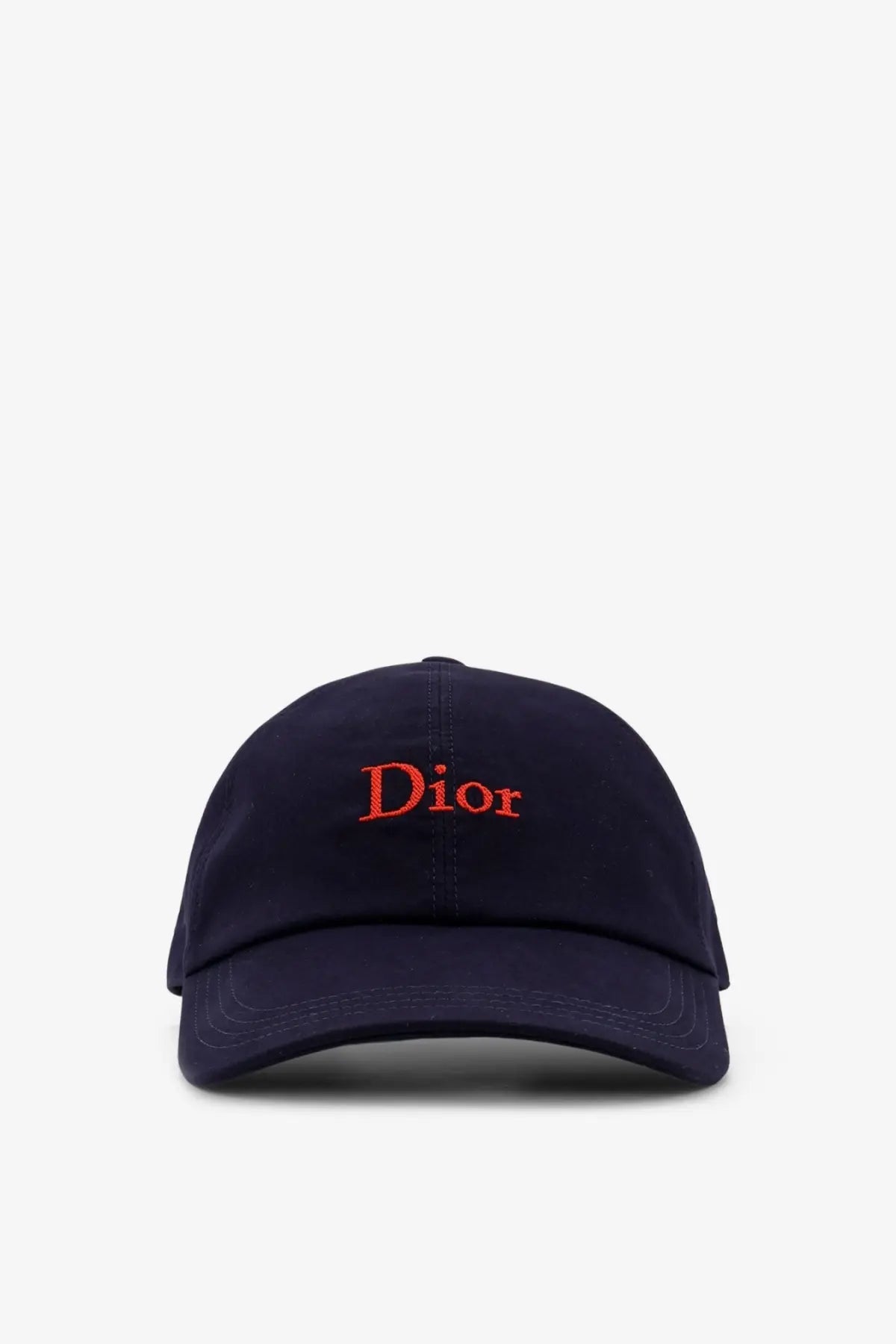 Navy blue dior men’s cotton baseball cap with red embroidered logo front view