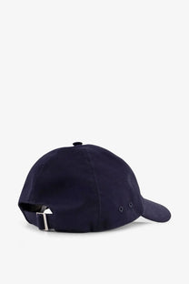 Navy blue cotton baseball cap with silver buckle and adjustable strap shown from the back for Dior men’s cotton hat blue