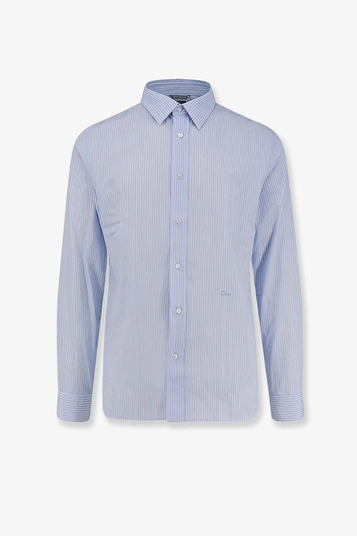 Dior men’s cotton shirt blue with light blue and white vertical stripes and a subtle Dior logo embroidered on the chest