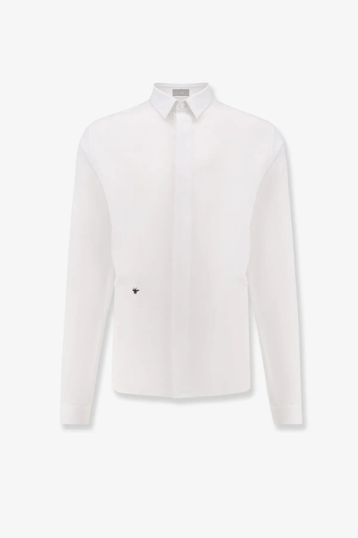 White Dior men’s long-sleeved cotton shirt with button-down front and subtle embroidered logo on left chest