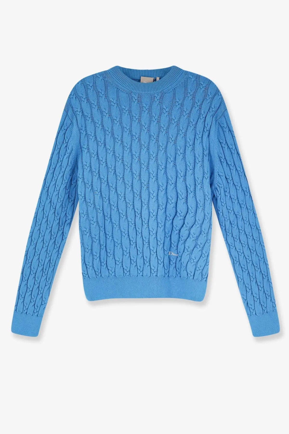 A light blue Dior men’s cotton cable-knit sweater with textured interwoven pattern and ribbed cuffs
