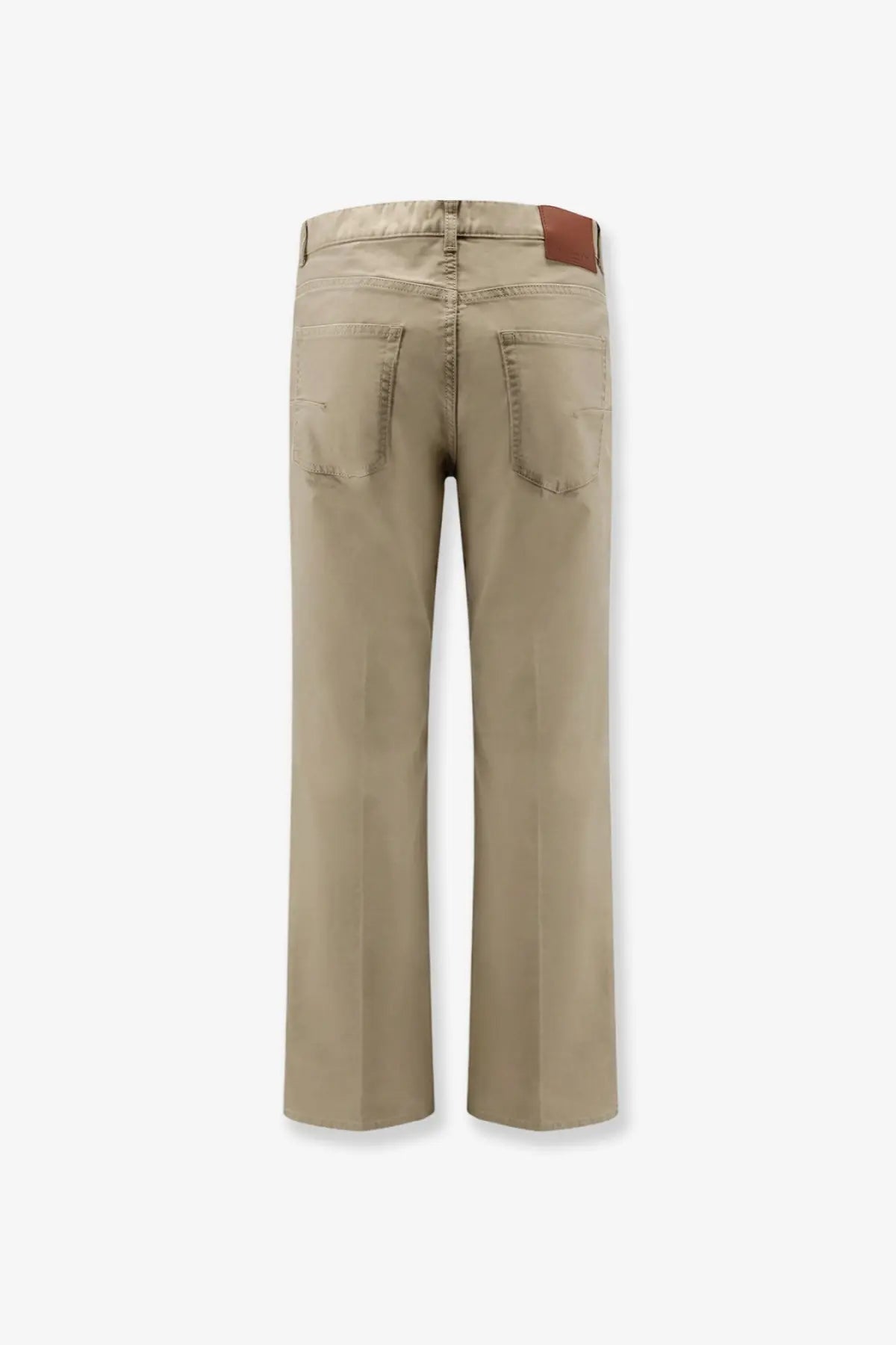 Beige Dior men’s cotton trousers with a straight-leg cut and brown leather patch at the waistband back view