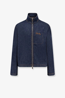 Dark blue denim jacket with high collar front zipper and gold diorlong embroidery on left chest pocket by Dior