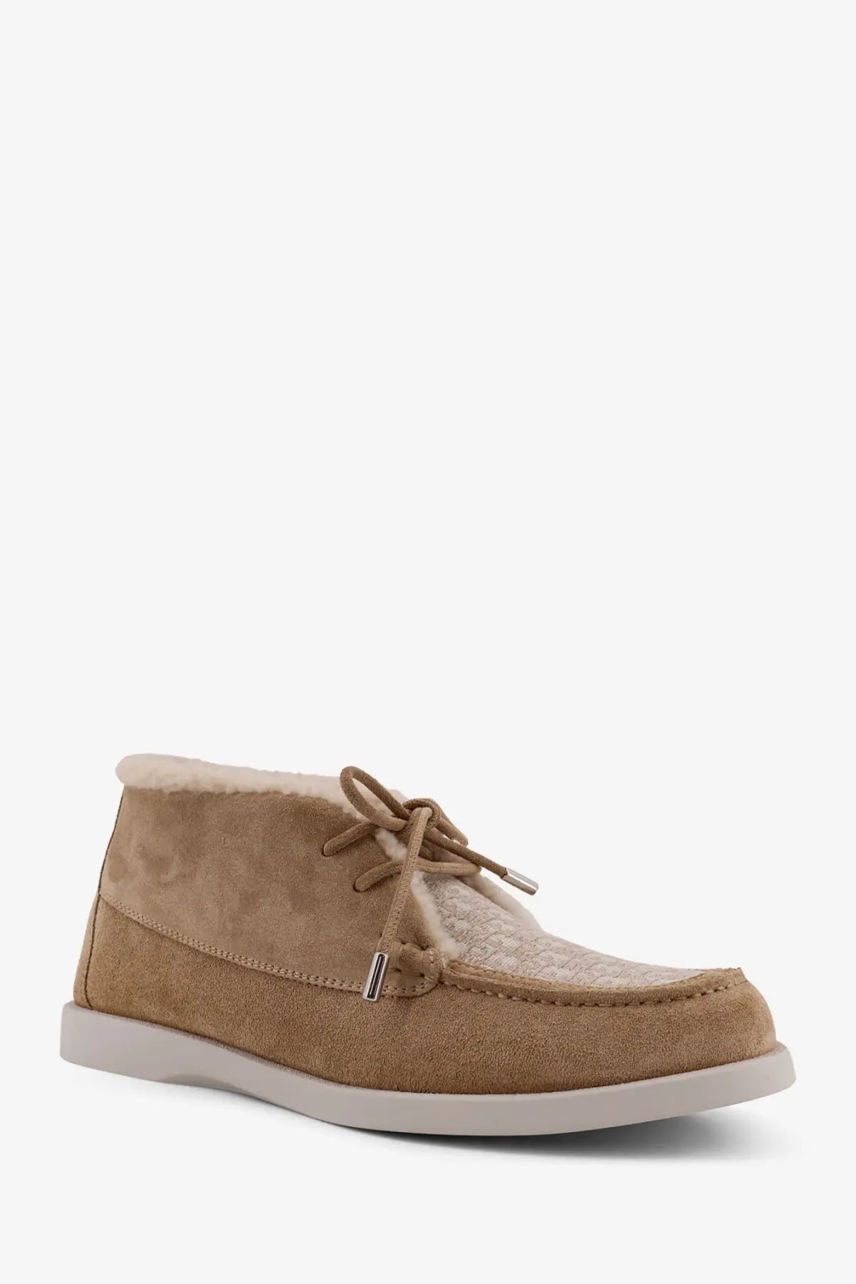 Dior men’s Dior Granville beige tan suede chukka boot with plush shearling lining and subtle patterned paneling