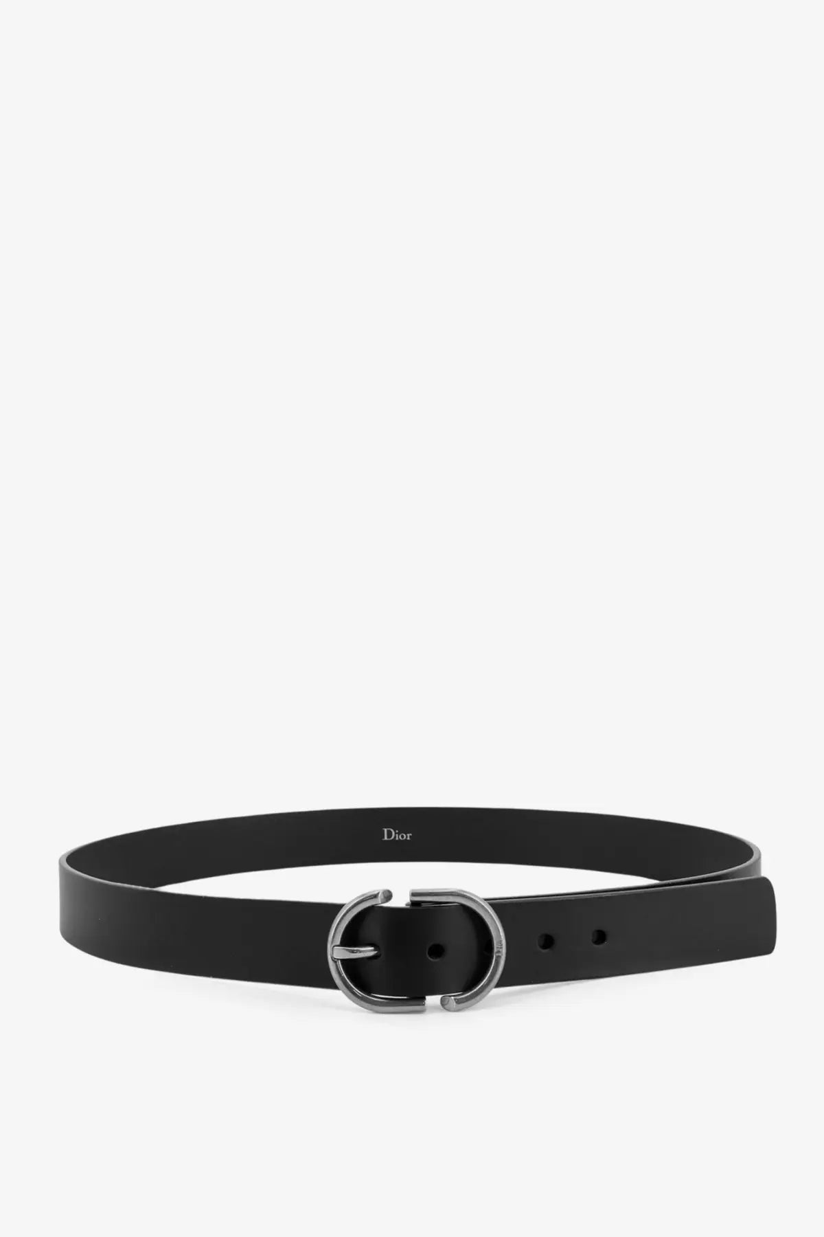 Dior men’s black leather belt with a sleek silver-toned buckle designed for stylish everyday wear