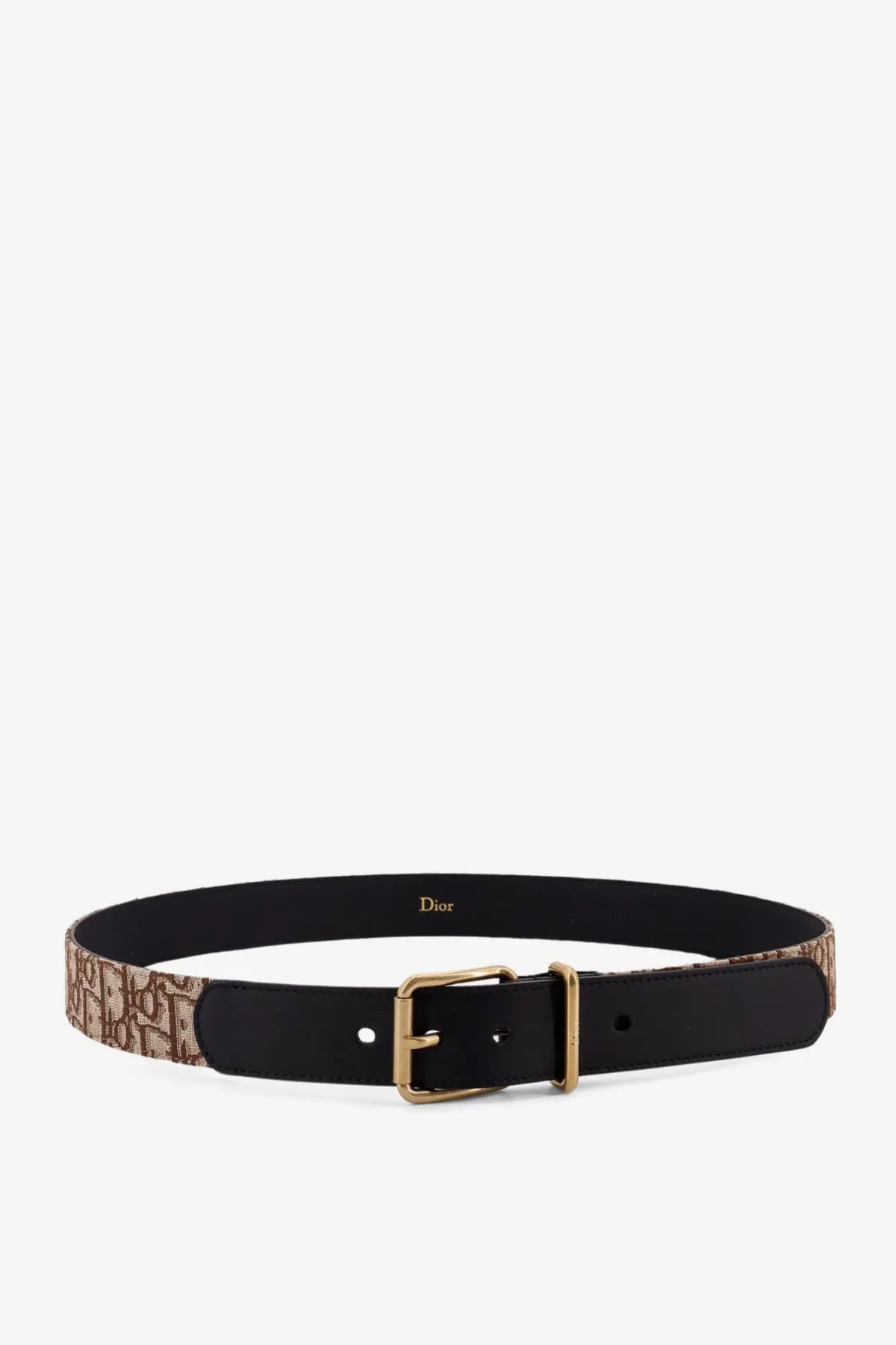 Dior men’s leather belt brown with black leather, tan and beige monogram pattern, and gold-tone buckle