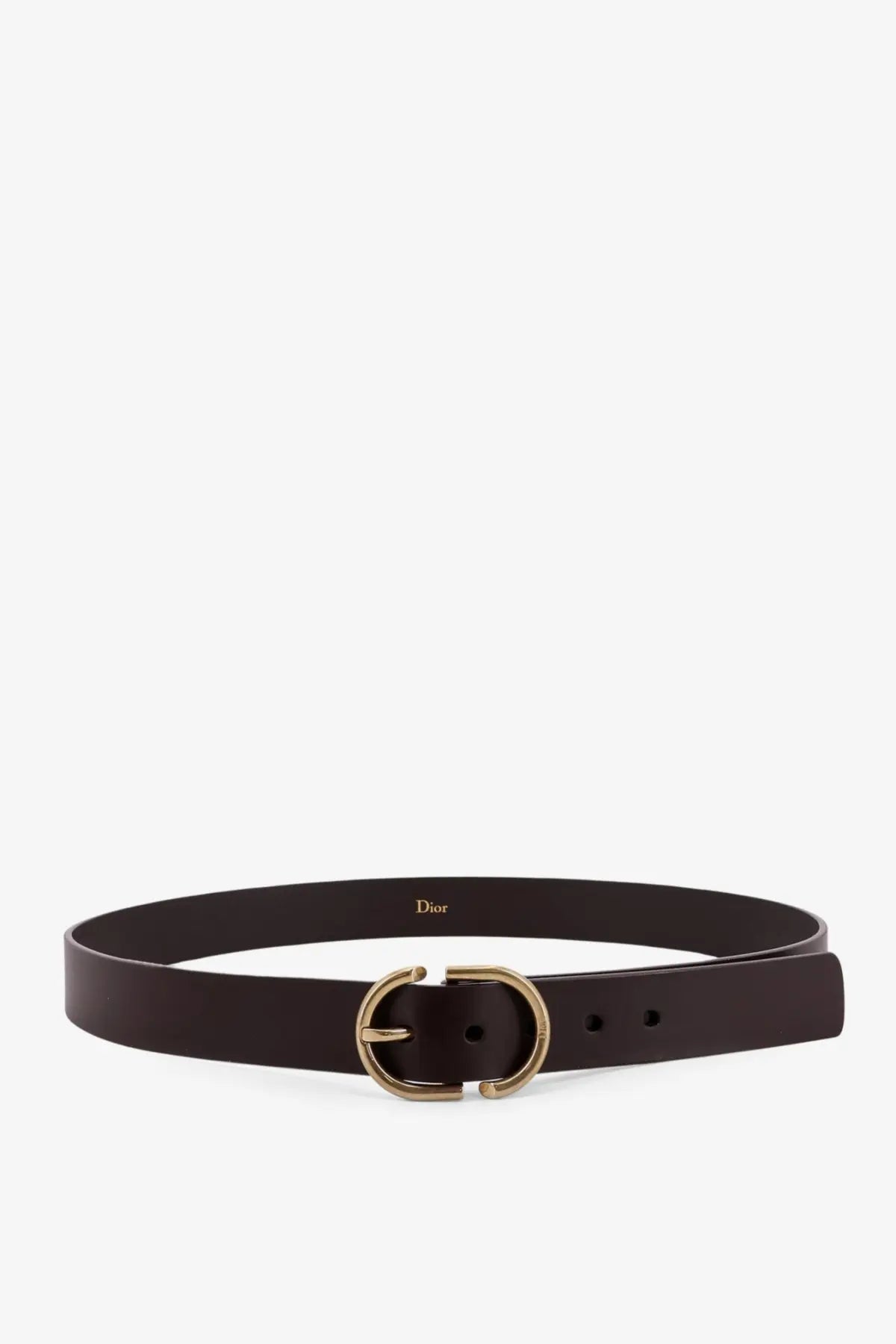 Dior men’s leather belt brown with dark brown leather and gold-tone circular buckle featuring embossed logo inside