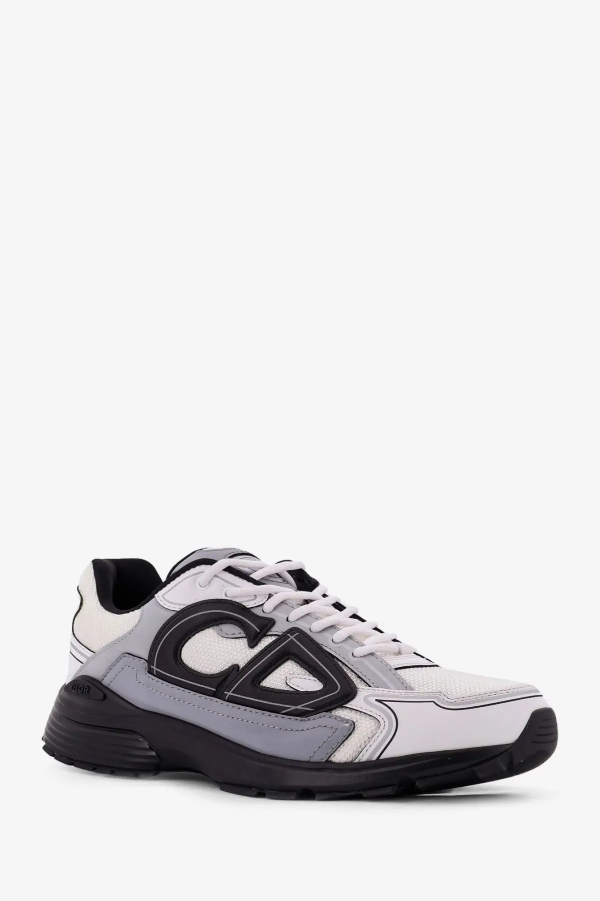 Dior men’s nylon sneakers grey in white and gray with black accents and bold geometric logo on the side