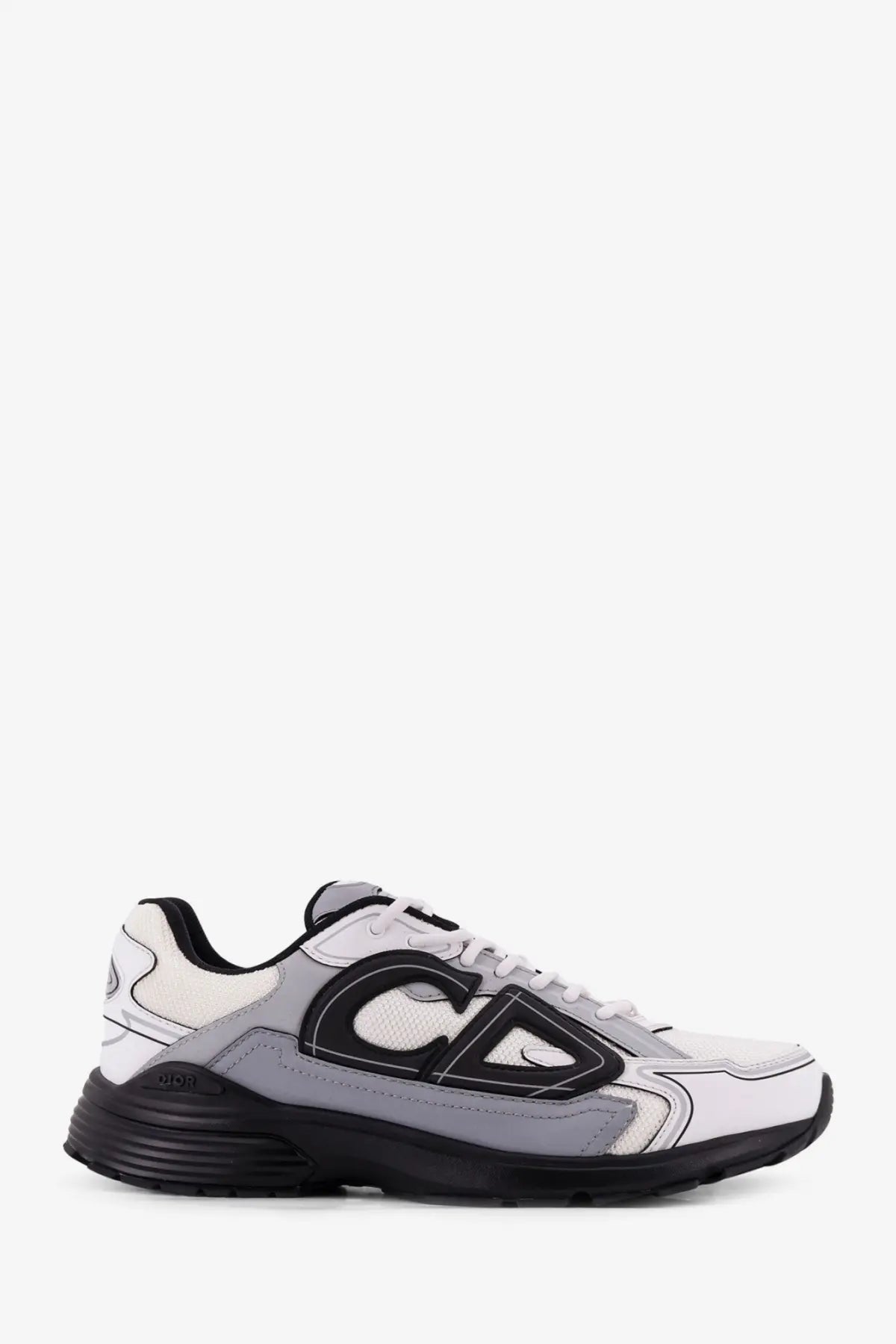 Dior men’s nylon sneakers grey featuring white and gray colors with black accents and bold geometric logo on the side