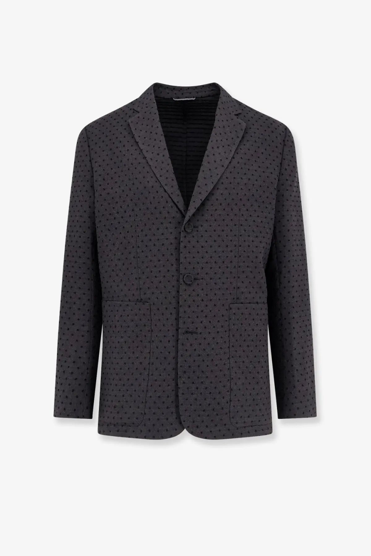 Dior men’s black virgin wool and alpaca jacquard blazer with subtle polka dot pattern and two front buttons