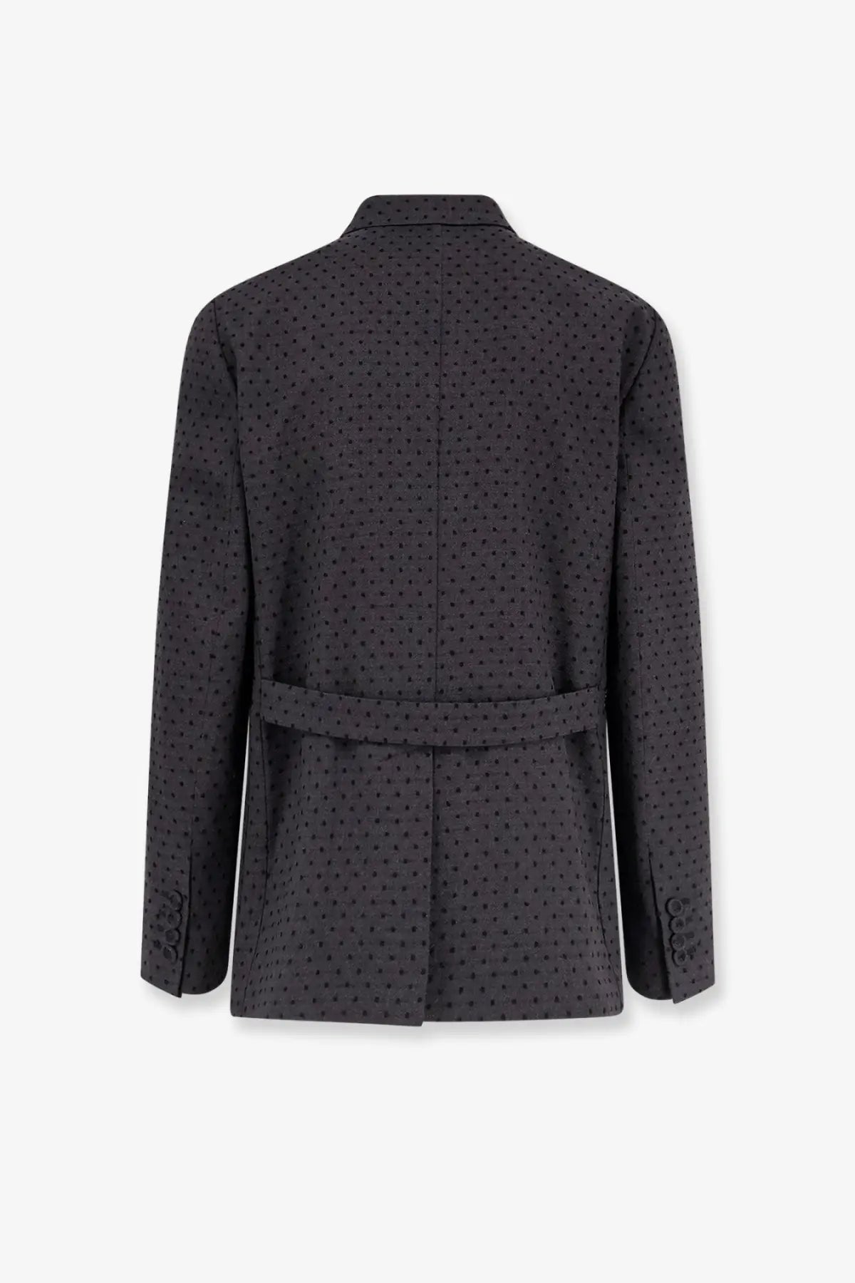 Dior men’s black virgin wool and alpaca jacquard blazer with dark gray subtle black polka dot pattern and belt