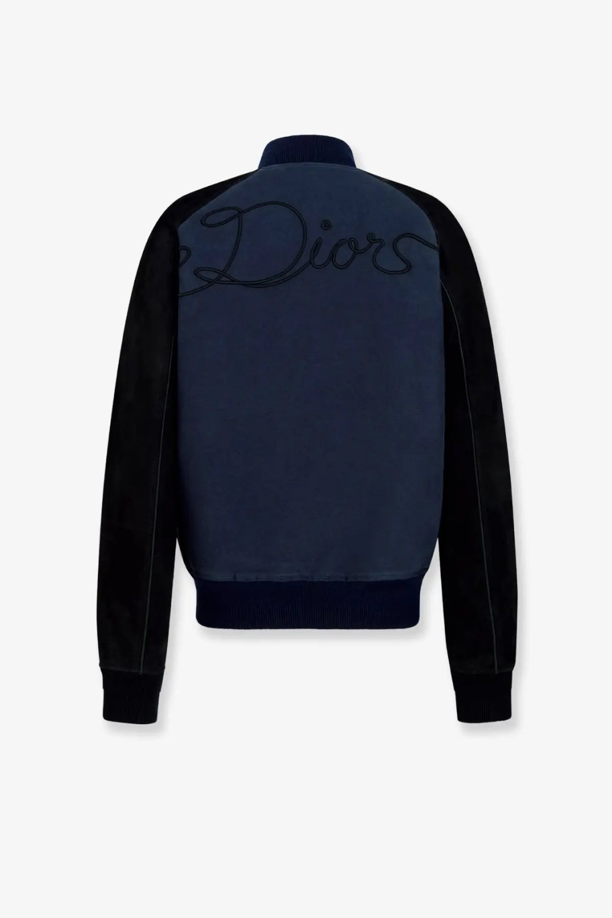 Navy blue Dior men’s bomber jacket with black suede sleeves and embroidered logo in cotton and suede materials