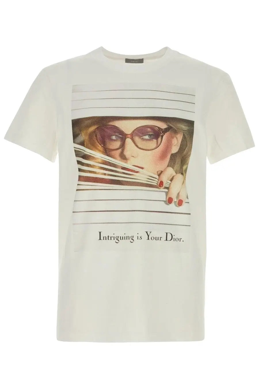 Off-white cotton dior men’s shirt featuring vintage woman graphic with sunglasses and intriguing is your dior text