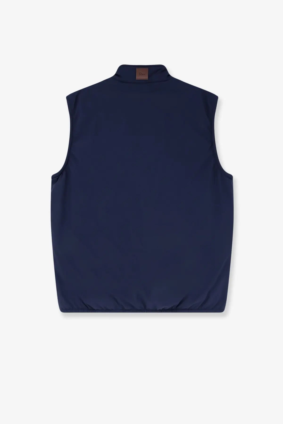 Navy blue Dior men’s sleeveless jacket with high collar and subtle stitching details in lightweight fabric