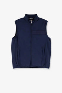 Dior men’s sleeveless jacket in navy blue with a zip-up front stand collar and two side pockets