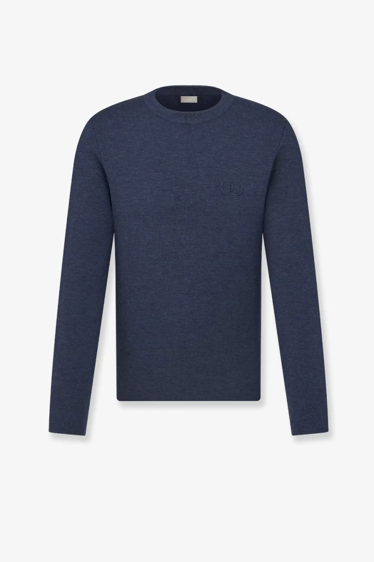 Navy blue Dior men’s virgin wool crewneck sweater with subtle textured knit and embroidered logo on left chest