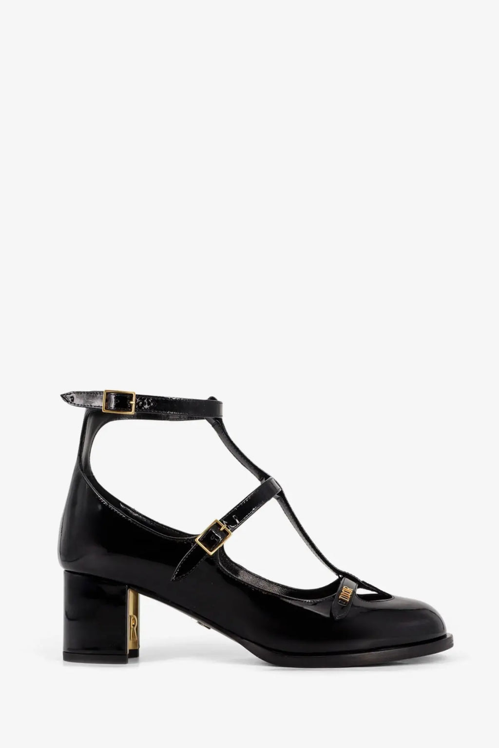 Dior Aime black patent leather T-strap pump with gold hardware, block heel