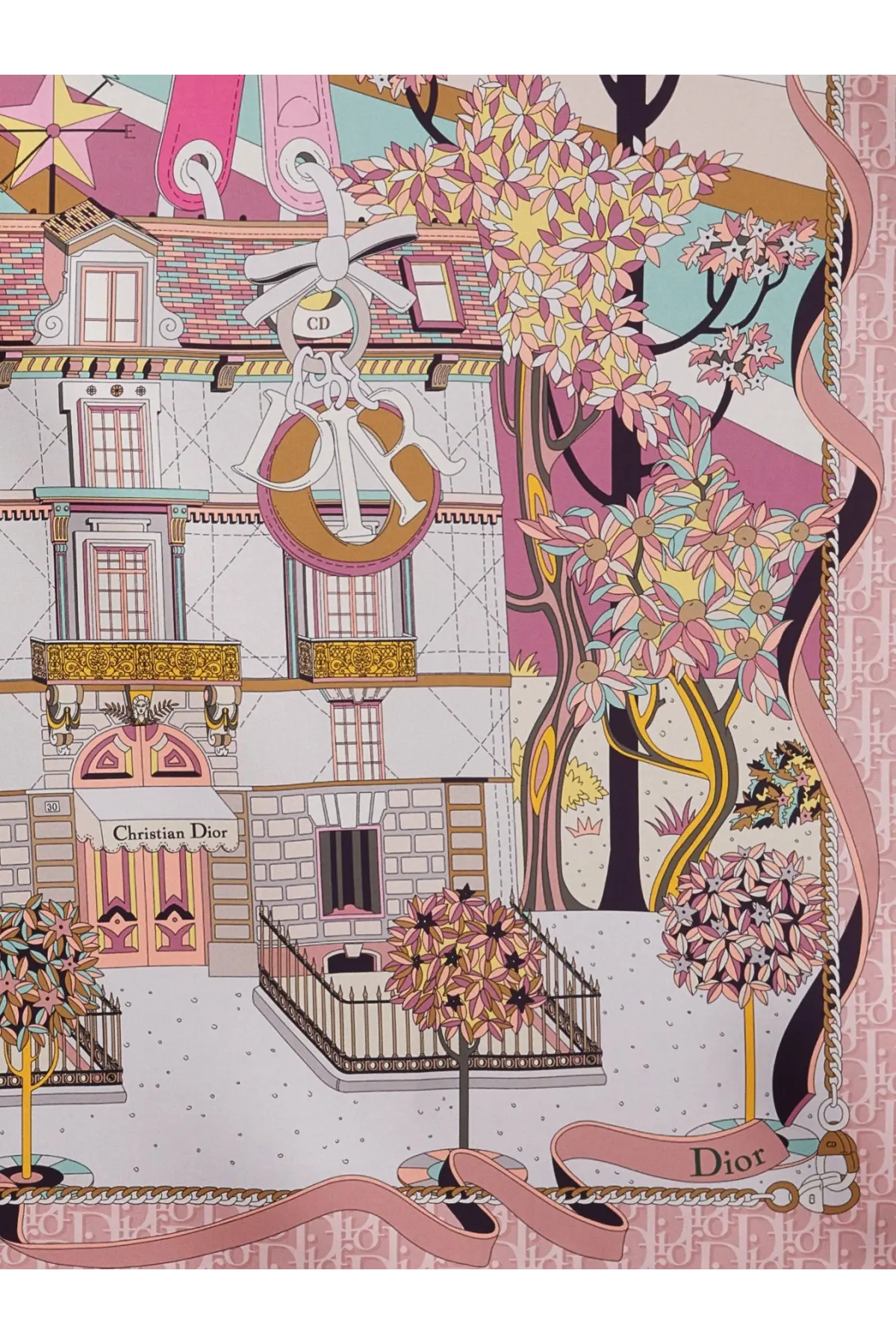 Dior women’s Dior Avenue silk foulard pink with a whimsical Parisian building design floral trees and cd monogram pattern