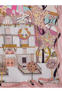 Dior women’s Dior Avenue silk foulard pink with a whimsical Parisian building design floral trees and cd monogram pattern