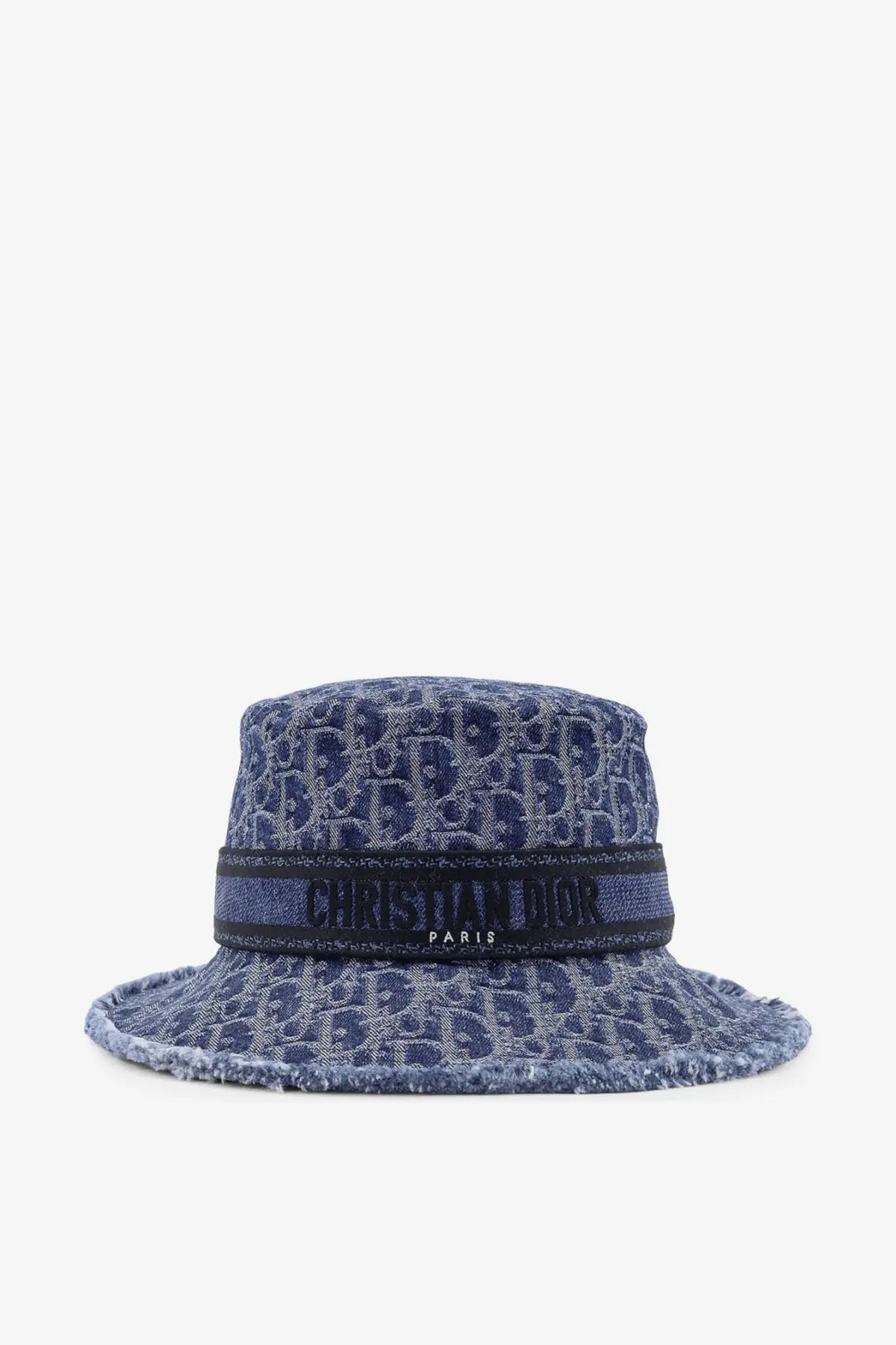 Dior women’s bobby dior oblique cloche blue denim bucket hat with repeating logo and black band embroidered christian dior paris