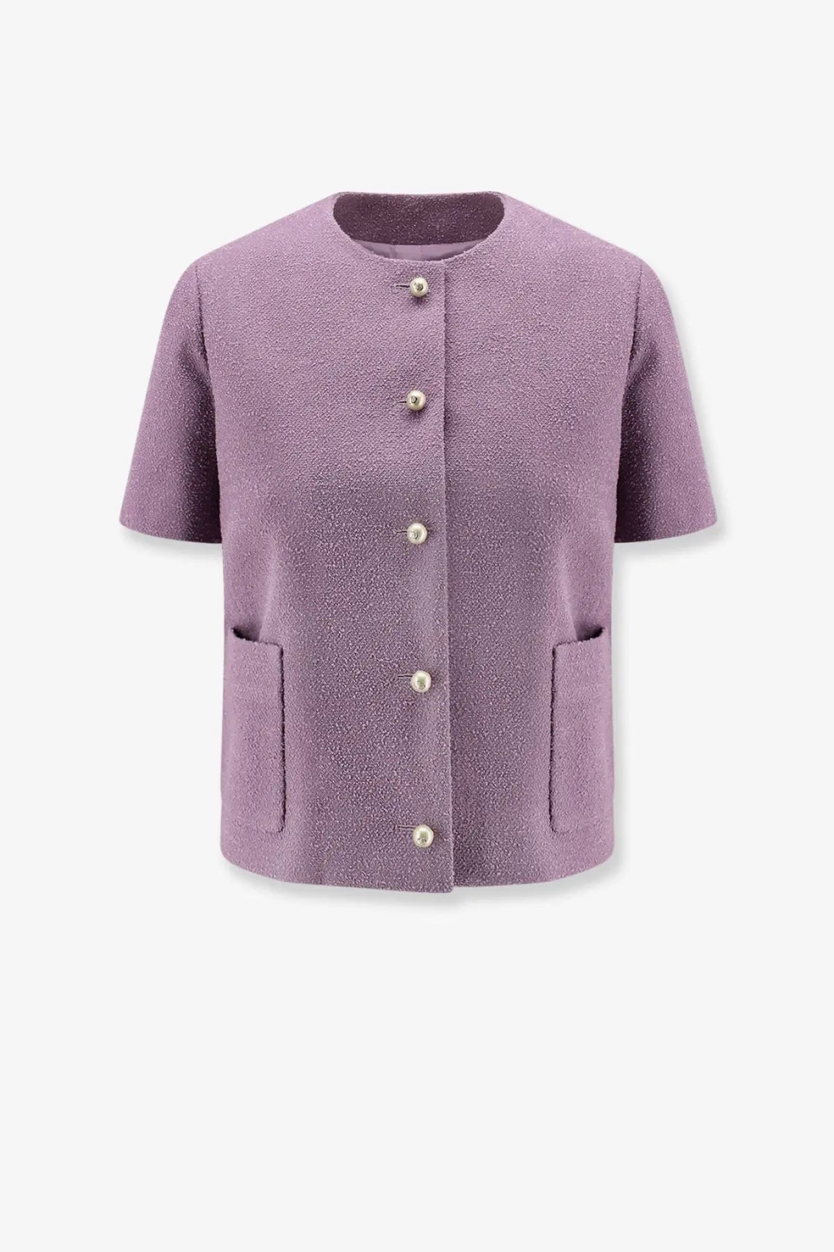 Dior women’s bouclé virgin wool blend lavender blazer with textured short sleeves round neckline buttons and pockets