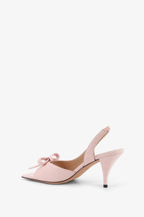 Dior women’s blue leather slingback sandal with pointed toe and elegant pink satin bow at the front