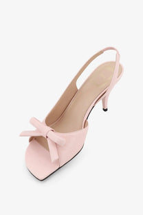 Dior women’s pink satin slingback pump with square toe and elegant bow front in leather sandals style
