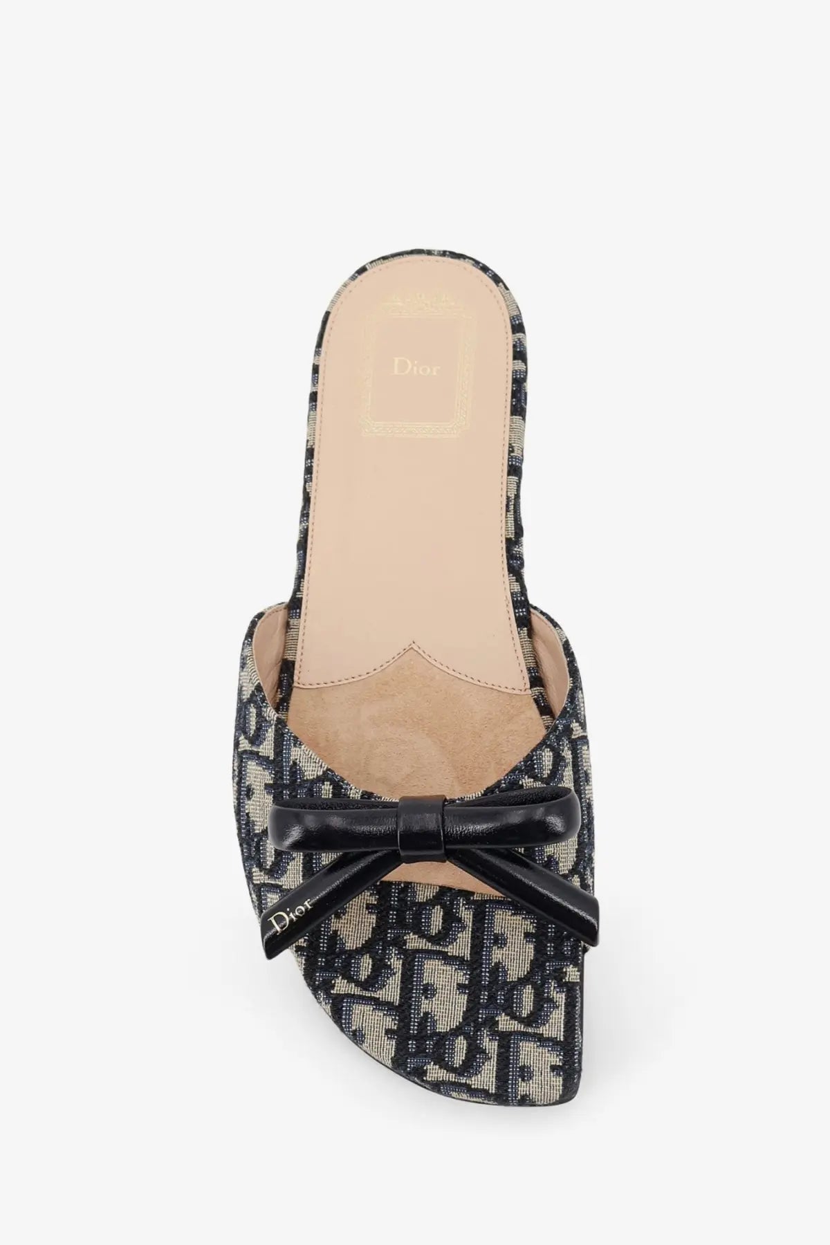 Beige dior women’s dior bow oblique fabric sandals with black leather bow and signature monogram pattern
