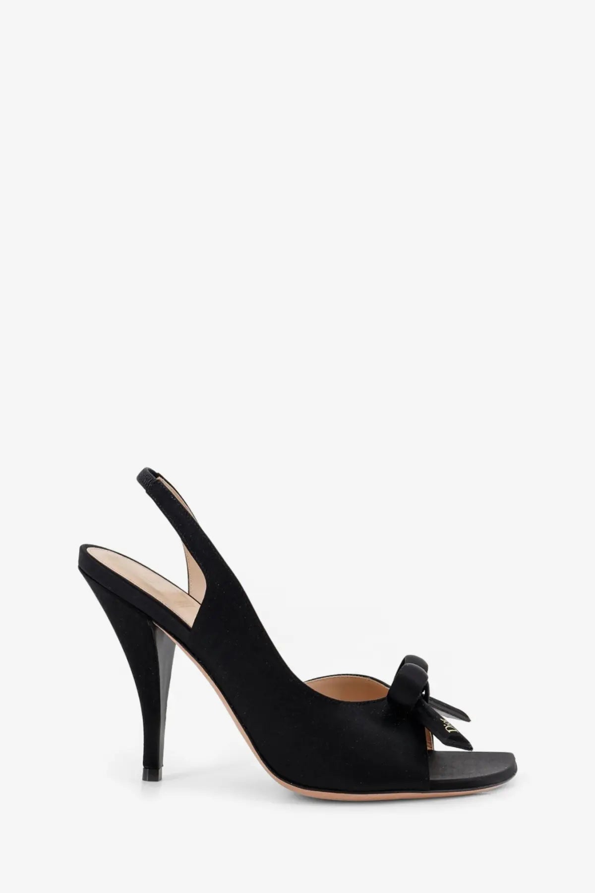 Dior women’s black satin slingback pump with bow detail at the toe for elegant formal wear