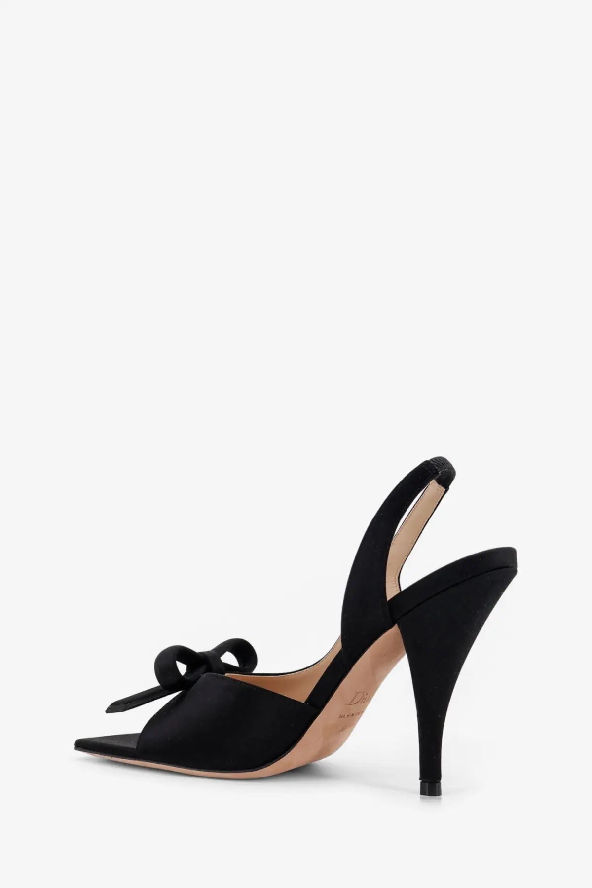 Black satin slingback sandal with bow detail at the toe from Dior women’s Dior Bow Satin Sandals Black collection