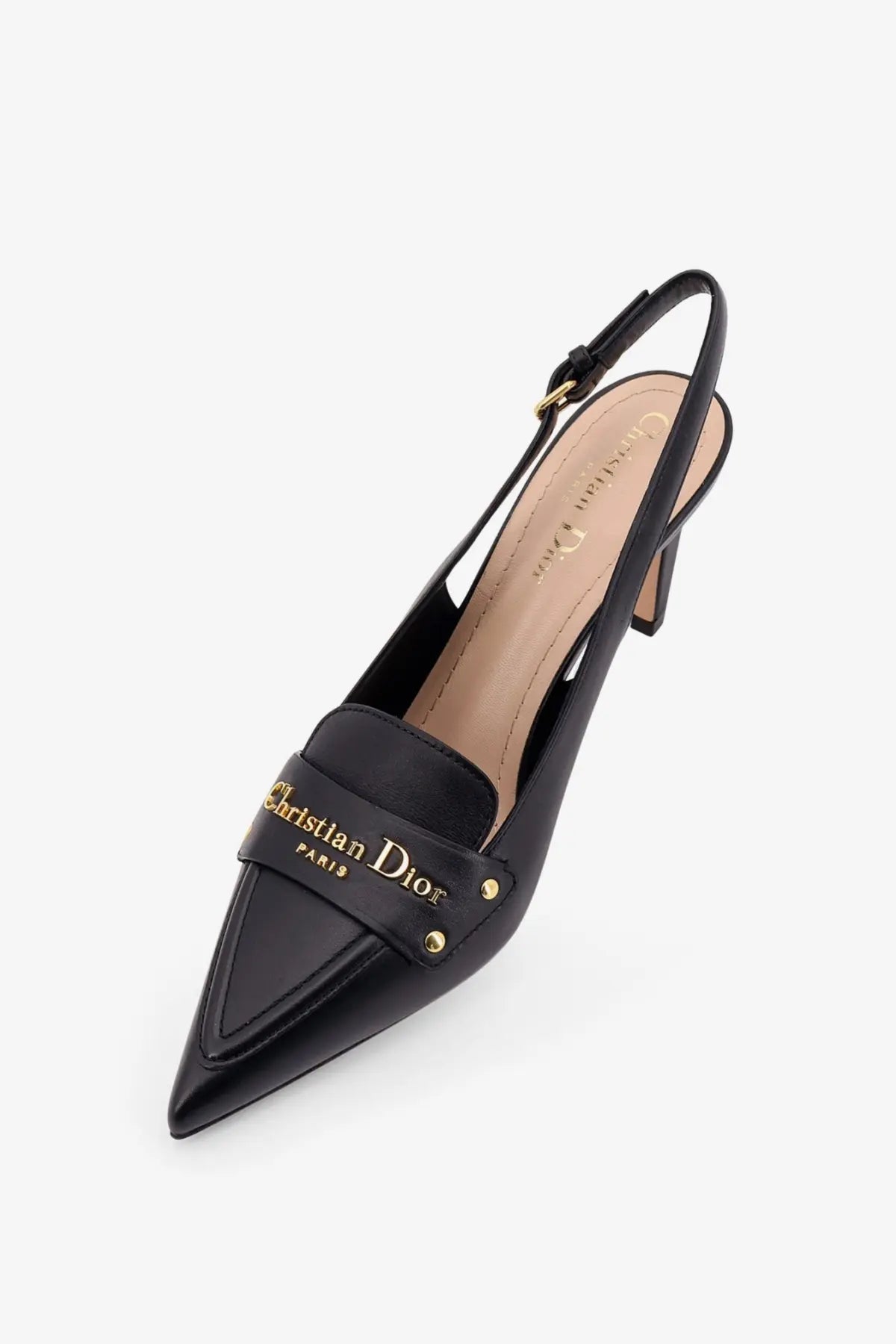 Dior women’s boy leather decolleté slingback black pump with pointed toe and gold-tone Christian Dior branding