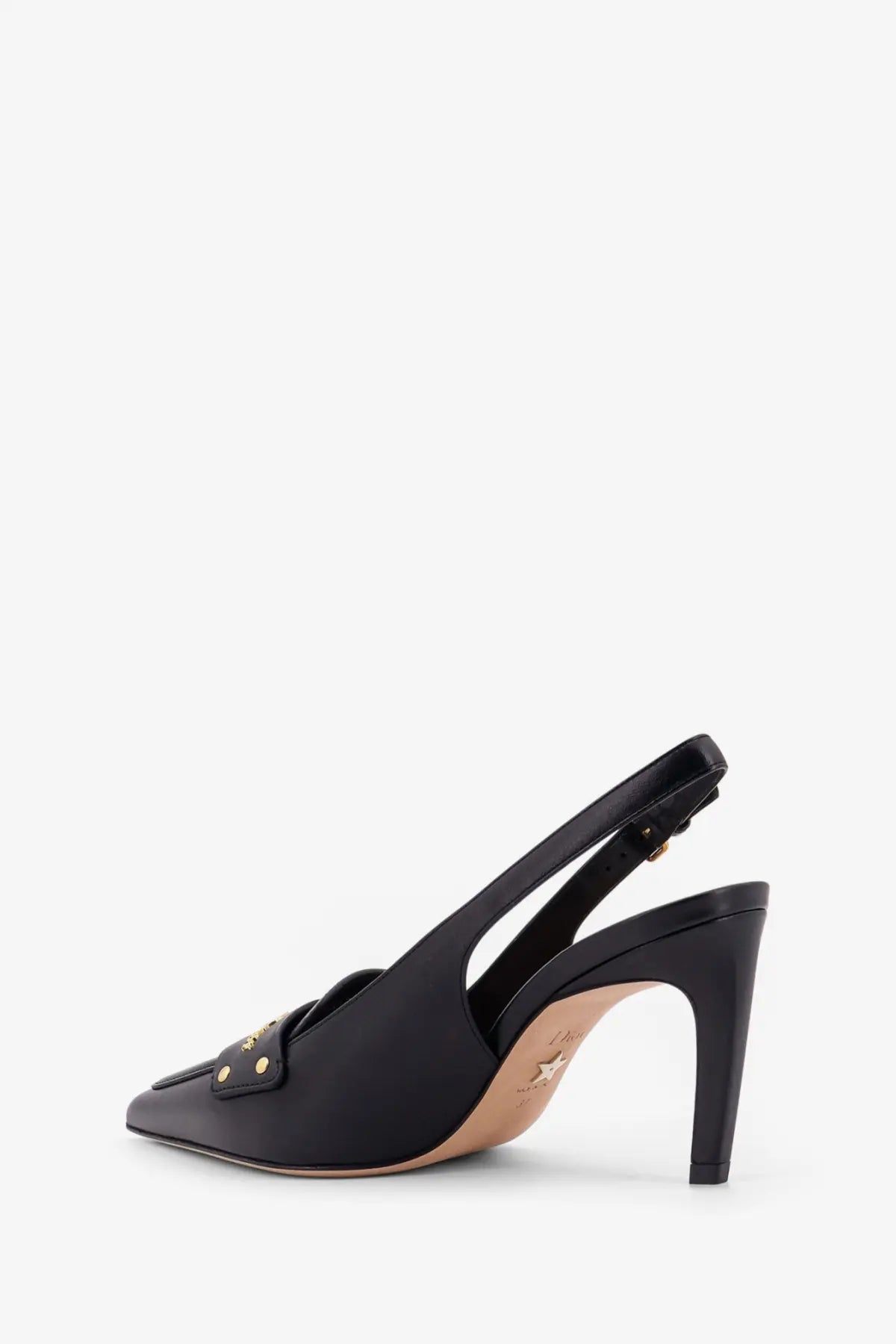 Dior women’s boy black leather slingback pump with gold-tone studs and a slender heel visible from the back side