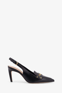 Dior women’s black leather slingback pump with gold-tone logo and studded accents in decolleté style