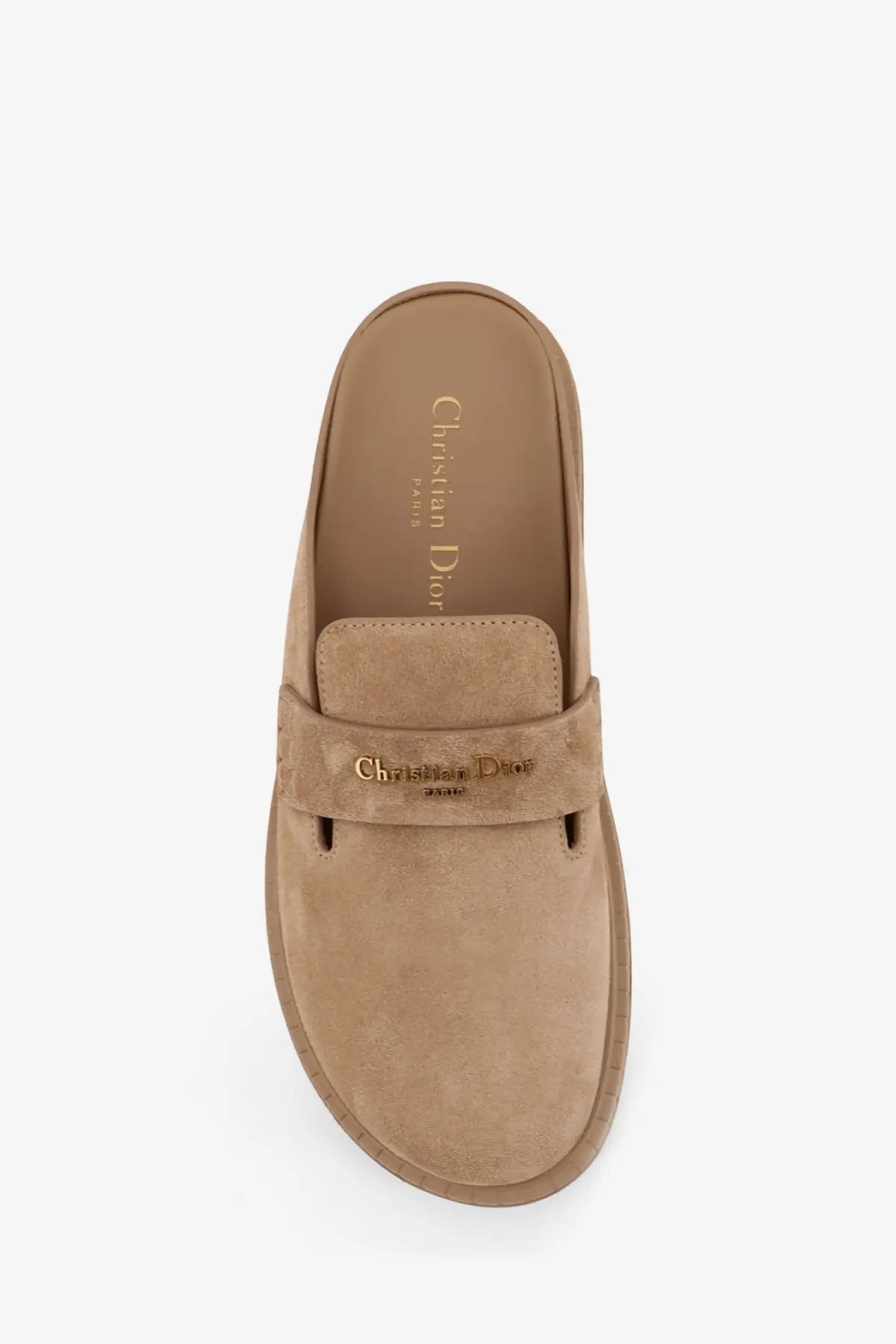 Dior women’s beige tan suede slip-on mule shoe with minimalist design and embossed Dior branding