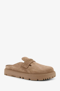 Dior women’s beige suede mule slip-on shoe with chunky rubber sole and small logo on the strap