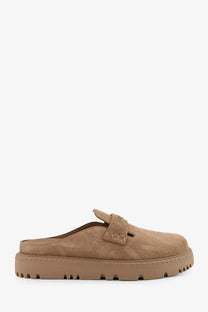 Tan suede mule slip-on shoe with chunky rubber sole and decorative strap from Dior womens Dior Boy Sabot beige