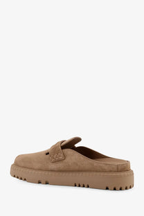 Dior women’s Dior Boy tan suede mule slip-on shoe with chunky rubber sole and decorative buckle strap beige
