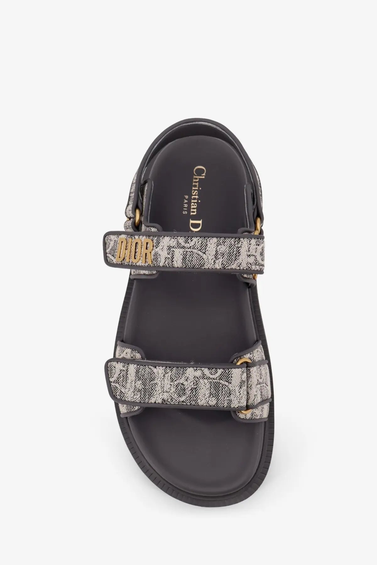 Black christian dior sandals with gray and white canvas monogram straps and gold-tone hardware Dioract flat sandals