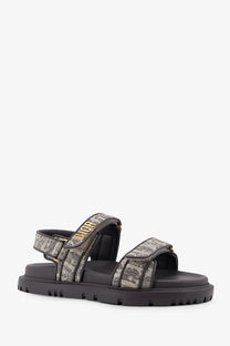 Black platform sandal with gray and gold canvas patterned straps featuring the dior logo for women