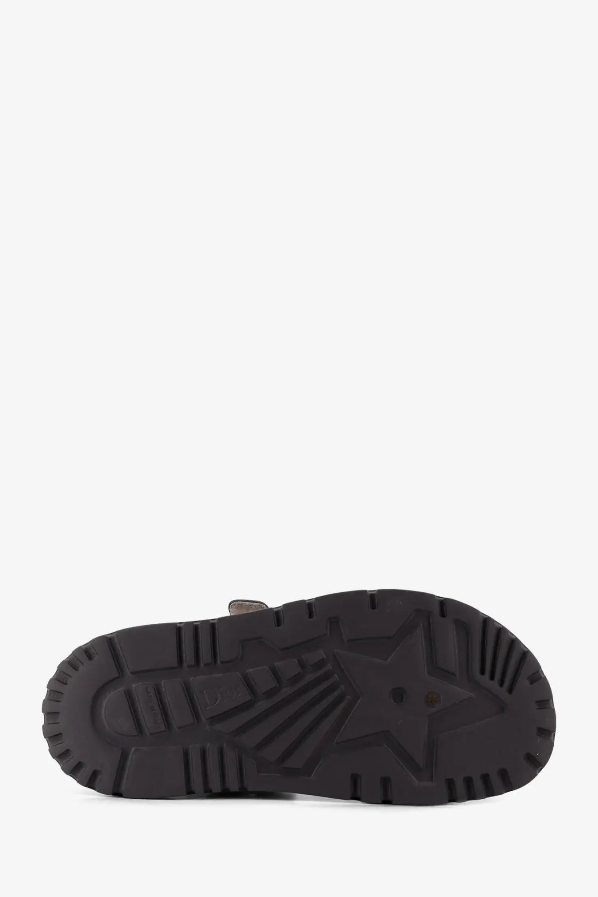 Black rubber sole with star-shaped tread pattern on Dior women’s grey canvas Dioract flat sandals back view
