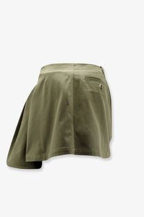 Dior women’s olive green canvas mini skirt with asymmetrical design and single back pocket showing back view