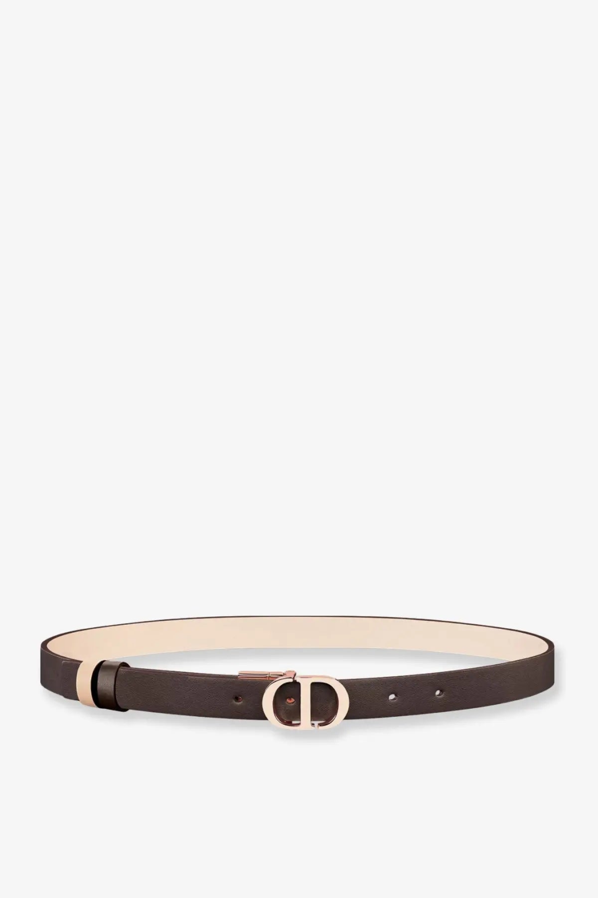 Dior women’s cd montaigne dark brown leather belt with rose gold-tone d-logo buckle