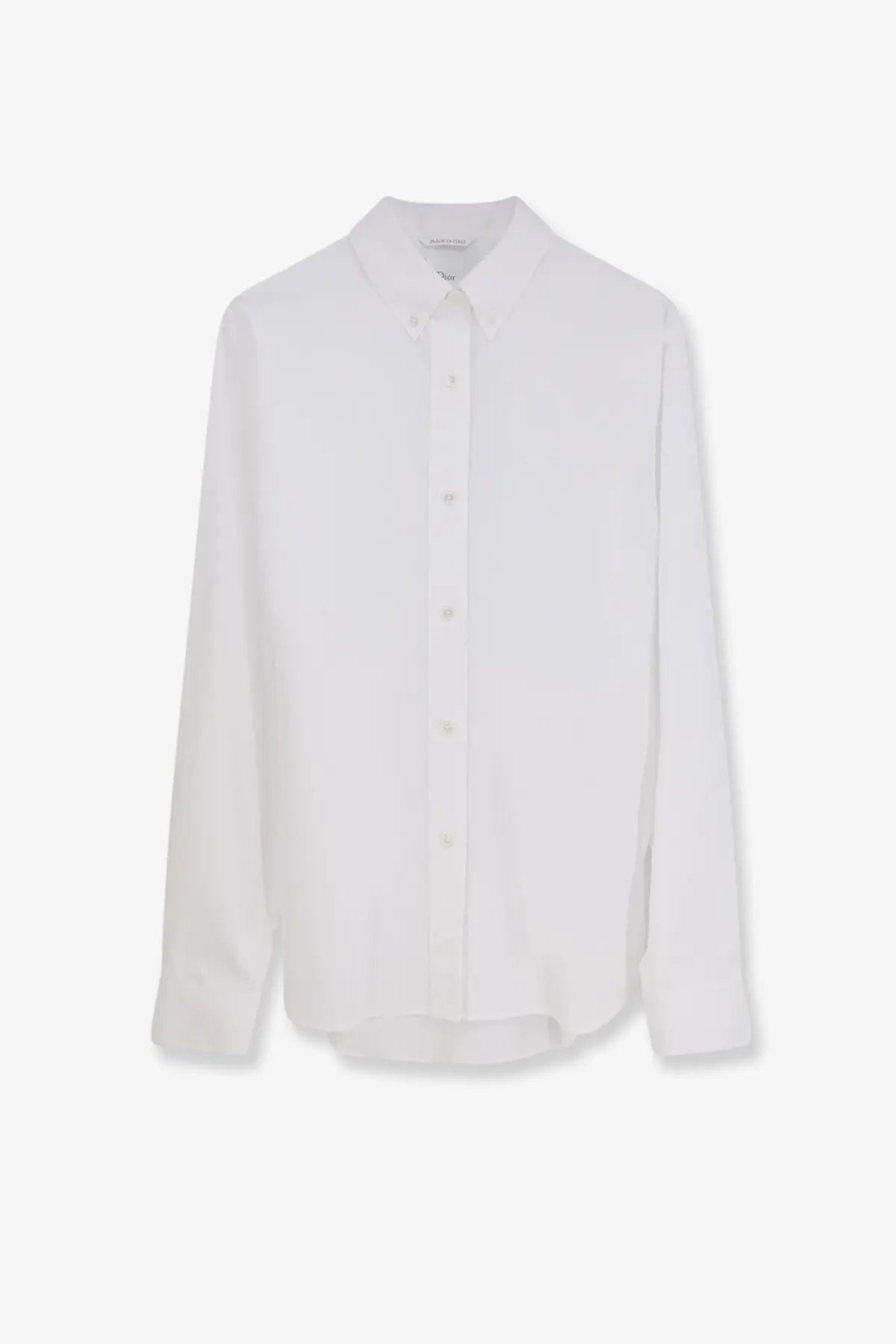 A crisp white Dior women’s cotton popelin shirt with classic collar and long sleeves made from lightweight fabric