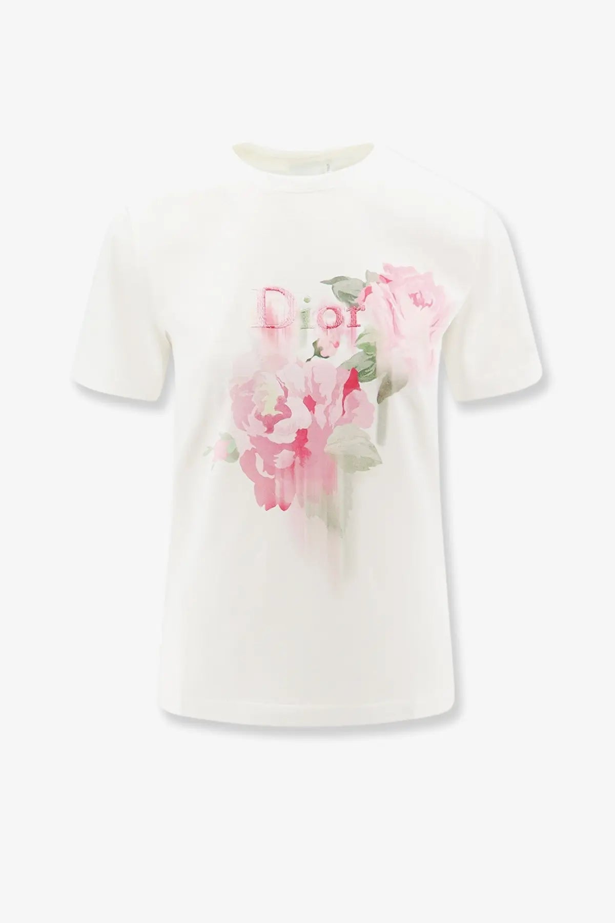 A white Dior women’s cotton t-shirt with soft pink floral print green leaves and subtle brand name integration